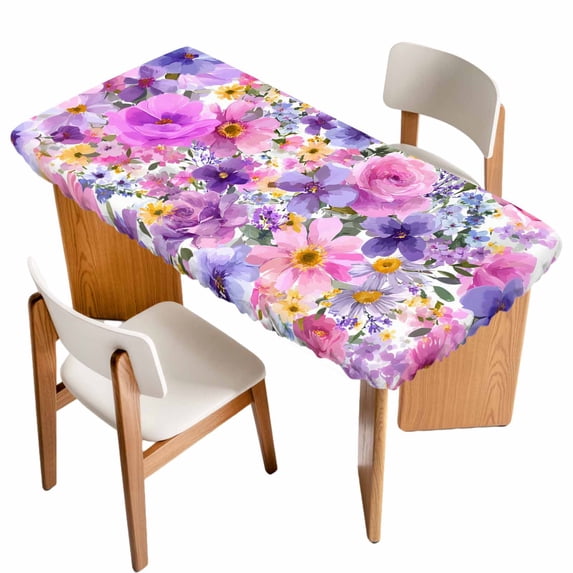Farmhouse Flowers Table Cloths for 4 Foot Rectangle Tables, Spring Watercolor Purple Pink Floral Patio Waterproof Elastic Fitted Tablecloths, Washable Rectangular Table Cover for Camping