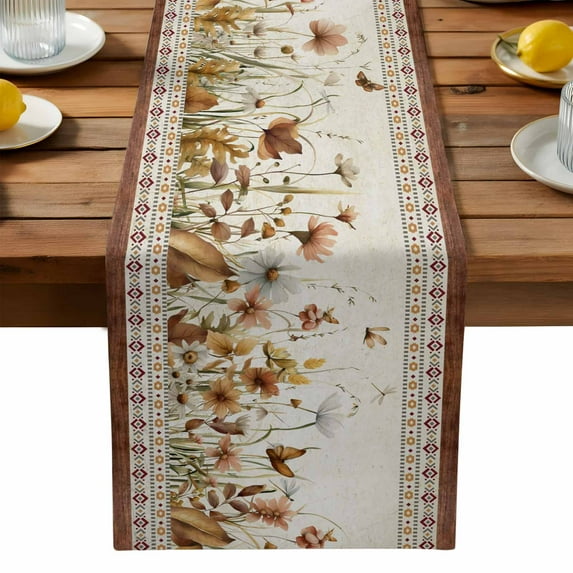 Farmhouse Flowers Table Runner, Wildflowers Dasiy Leaf Beige Brown Geometric Washable Kitchen Table Runners Dress Scarves for Dining Table Decorations Party, 13x72in