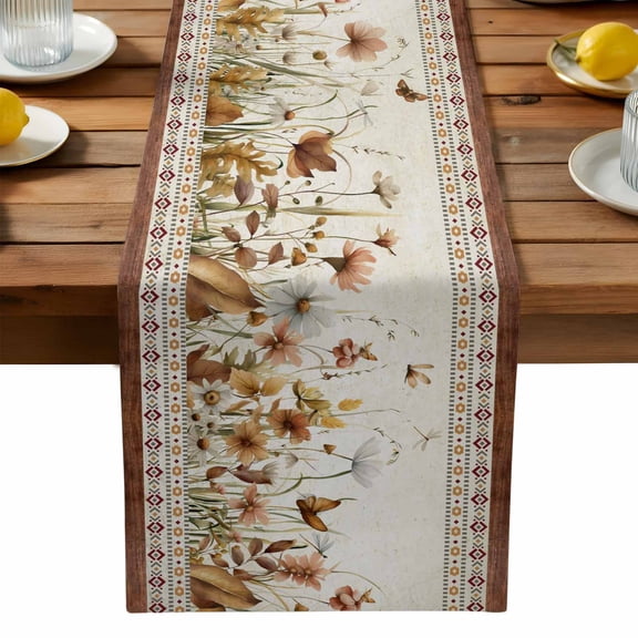 Farmhouse Flowers Table Runner, Wildflowers Dasiy Leaf Beige Brown Geometric Washable Kitchen Table Runners Dress Scarves for Dining Table Decorations Party, 13x120in
