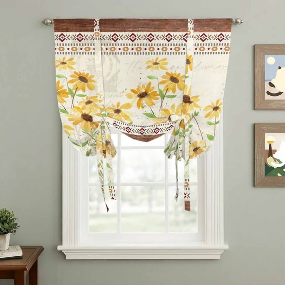 Farmhouse Flowers Tie Up Curtain 63 Inches Long, Yellow Dasiy Leaf Beige Brown Geometric Balloon Style Kitchen Window Curtain Over Sink, Small Window Rod Pocket Curtain 52"x63"