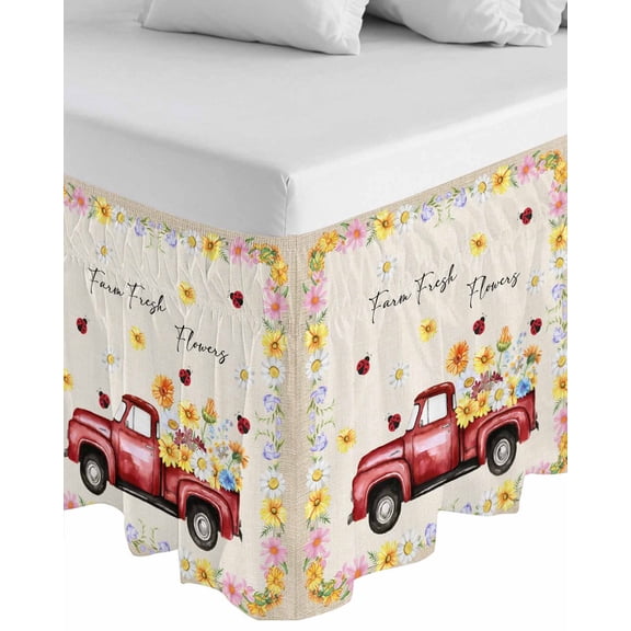 Farmhouse Flowers Wrap Around Bed Skirts for California King Bed 16" Drop,Bed Skirt with Adjustable Elastic Belt Dust Ruffle Bed Valance for Bedroom Botanical Floral Ladybirds Truck Bed Frame Cover