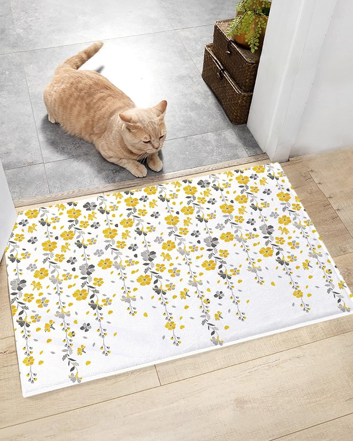 Farmhouse Fluffy Shag Bath Mat Yellow Grey Flowers Vine Area Rugs Warm ...