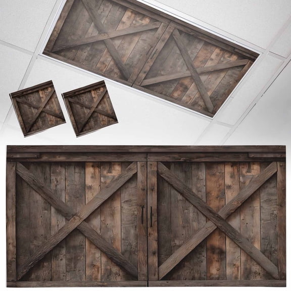Farmhouse Fluorescent Light Covers Brown Country Style Barn Door Distressed Wood Grain Magnetic Light Filters Ceiling Lighting Panel Shade for Classroom Office Home 2 x 4 ft, 2 Pack
