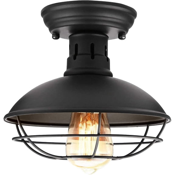 Farmhouse Flush Mount Ceiling Light - Easric Industrial Ceiling Light Fixture Rustic Black Metal Cage Close to Ceiling Lamp E26 Base for Hallway Foyer Kitchen Porch
