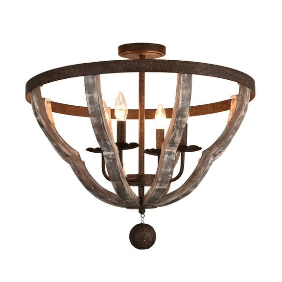 Farmhouse Flush Mount Ceiling Light Fixture, 4-Light Distressed Mtal Chandelier Ceiling Light Fixture with Wood Lampshade for Dining Room Kitchen Island W23.6''xH20.9''
