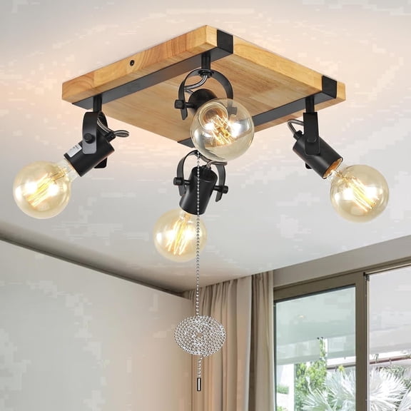 KEESFU 4-Light Farmhouse Flush Mount Ceiling Light, Wood Finish with Pull Chain