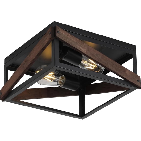 KEESFU Farmhouse Flush Mount Ceiling Light, Black Metal Wood Fixture for Hallway Entryway Kitchen Bedroom