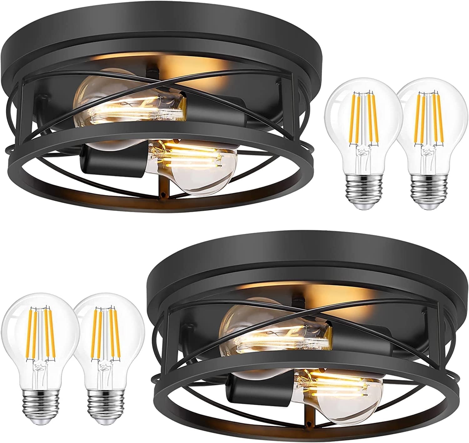 Farmhouse Flush Mount Ceiling Lights with A19 LED Bulbs Set of 2 Light Fixtures Lamp for Hallway Bedroom Kitchen, Oil Rubbed Black