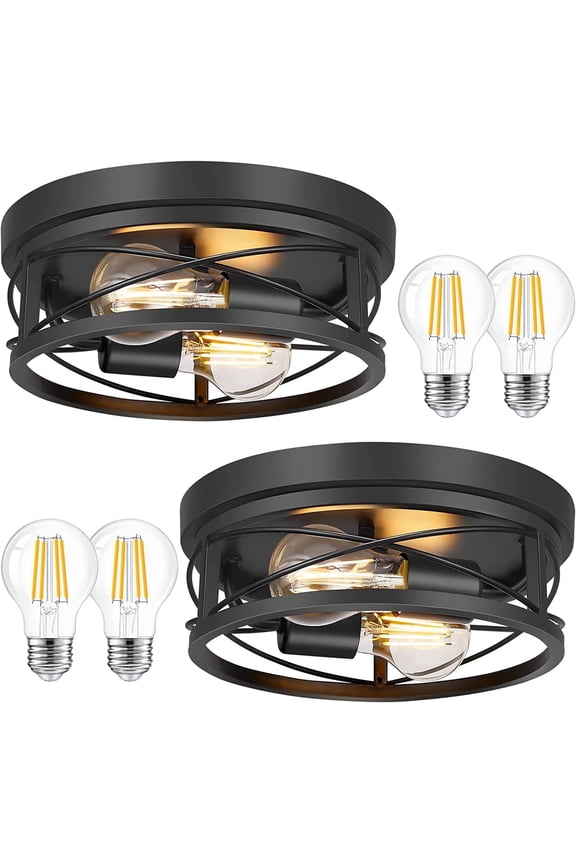 Farmhouse Flush Mount Ceiling Light, Oil Rubbed Black, Set of 2 with A19 LED Bulbs for Hallway, Bedroom
