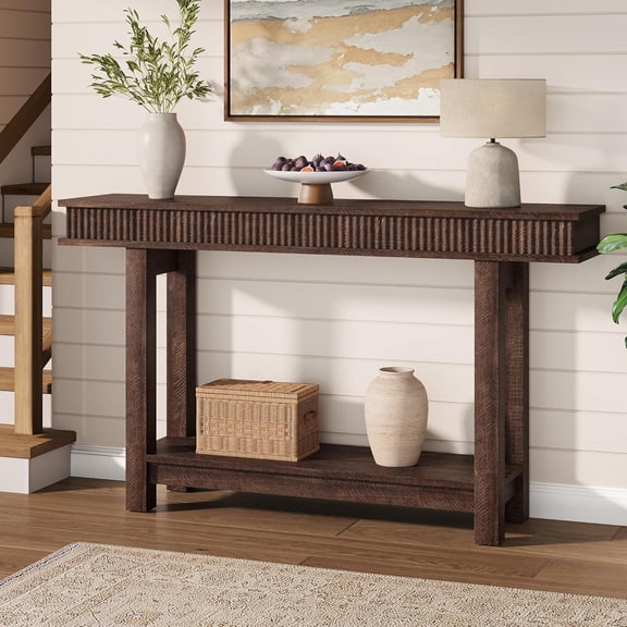 Farmhouse Fluted Console Table, 2 Tier Wooden Entryway Table with Shelf Storage, Rectangular Narrow Sofa Table Behind Couch, Entry Table Foyer Hallway Table for Entrance, Hallway, Living Room