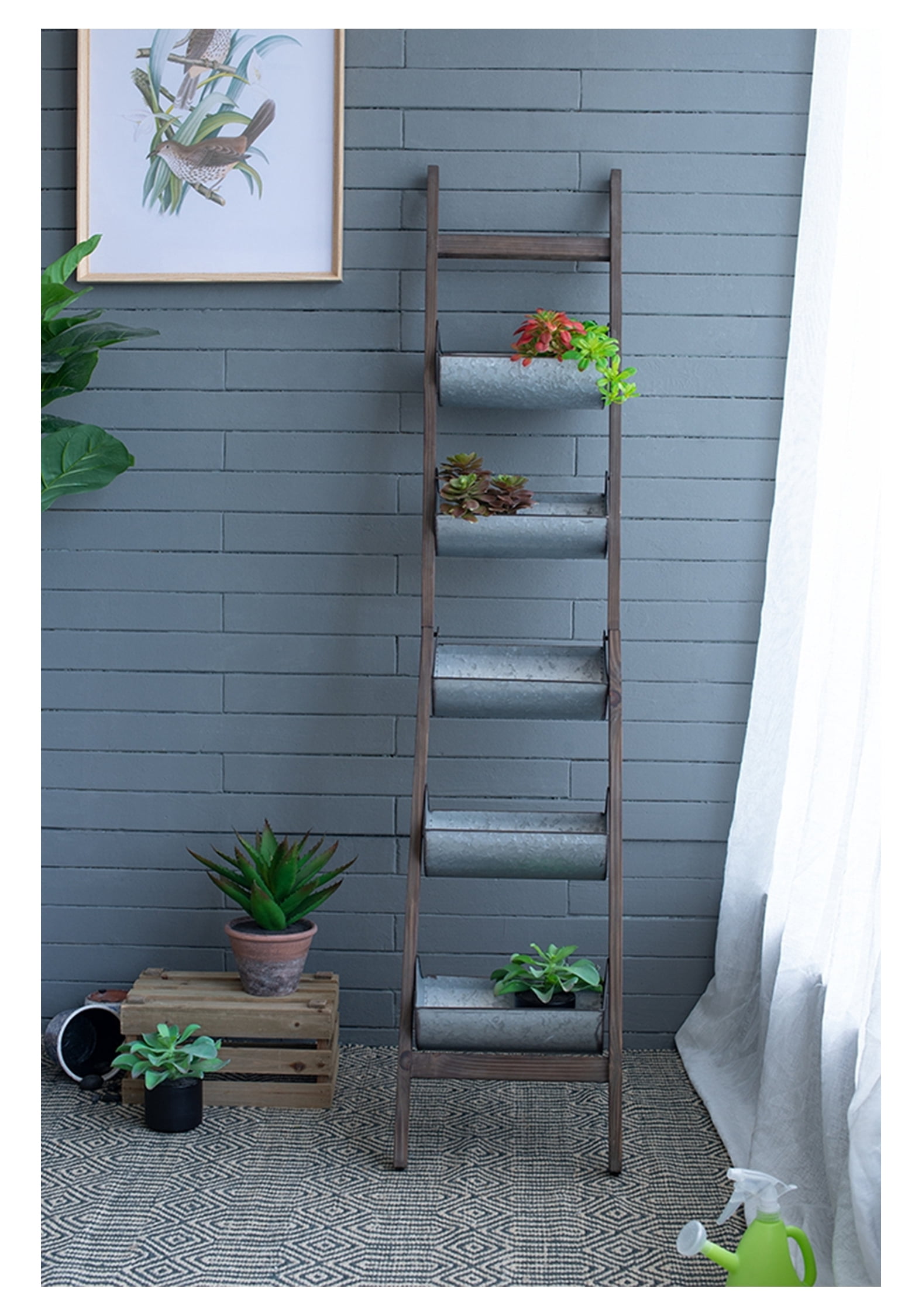 Foldable Reeded Wood Farmhouse Foldable Reed Galvanized and Wood Ladder Planter 14.2