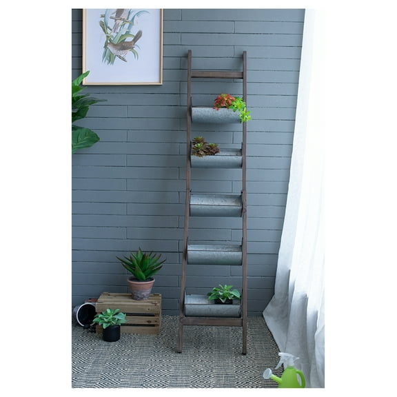 Farmhouse Foldable Reed Galvanized and Wood Ladder Planter 14.2" x 7.5" x 70.9"