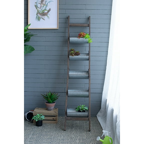 Farmhouse Foldable Reed Galvanized and Wood Ladder Planter 14.2" x 7.5" x 70.9"