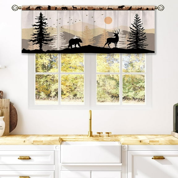Farmhouse Forest Cabin Curtain Valance for Window Treatments Rustic Wooden Rod Pocket Kitchen Treatment Tree Country Deer Bear Drapes for Bathroom Bedroom Living Room 1 Panel (54x18 Inch)