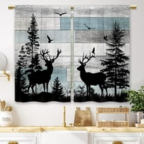 Farmhouse Forest Cabin Kitchen Curtains Rustic Blue Wooden Small Short Cafe Window Curtains Tree Country Deer Rod Pocket Bathroom Window Drapes Treatment Tier Curtains 2 Panels (27.5x36 Inch)