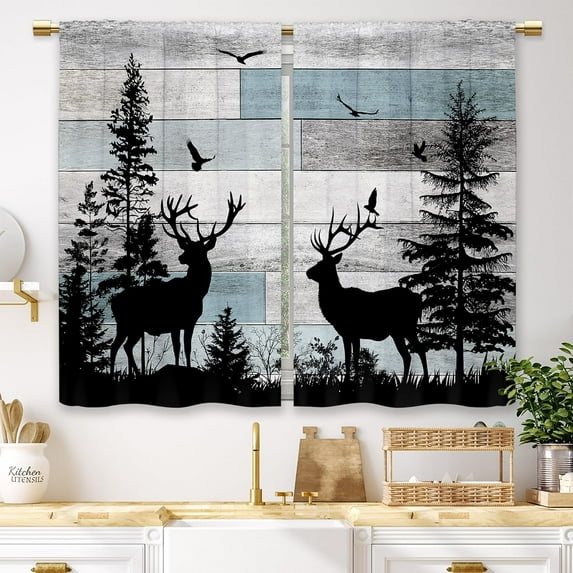 Farmhouse Forest Cabin Kitchen Curtains Rustic Blue Wooden Small Short Cafe Window Curtains Tree Country Deer Rod Pocket Bathroom Window Drapes Treatment Tier Curtains 2 Panels (27.5x36 Inch)