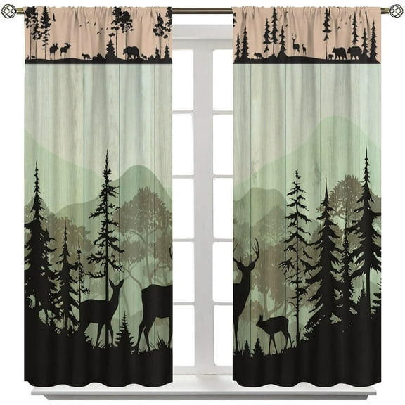 Farmhouse Forest Cabin Kitchen Curtains Rustic Wooden Small Short Cafe Window Curtains Tree Country Deer Bear for Home Kitchen Restaurant Decoration Window Curtain 2Panel 84" W X 84" L