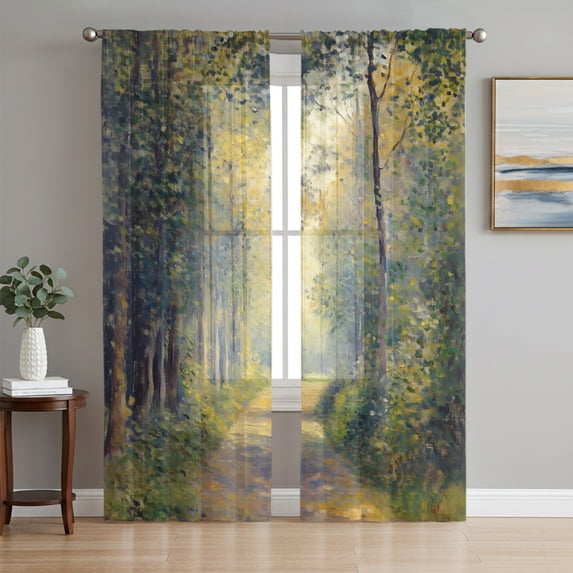 Farmhouse Forest Sheer Curtains 96 Inch Length 2 Panels Set, Pastoral Country Sun Light Trees Voile Window Treatment Semi Sheer Long Curtains Drapes for Bedroom/Living Room/Kitchen 52"x96"x2