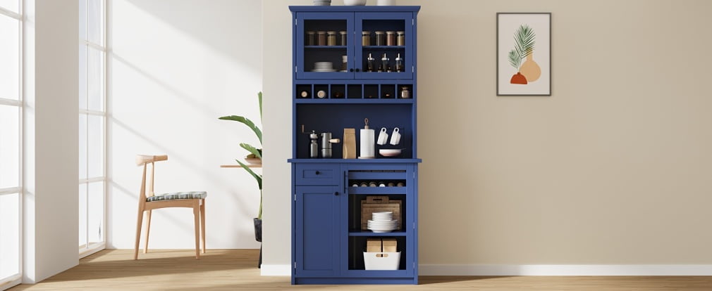 Farmhouse Freestanding Buffet with Hutch, Tall Kitchen Pantry Storage Cabinet with Wine Rack, Adjustable Shelves and Glass Doors for Dining Room, Blue