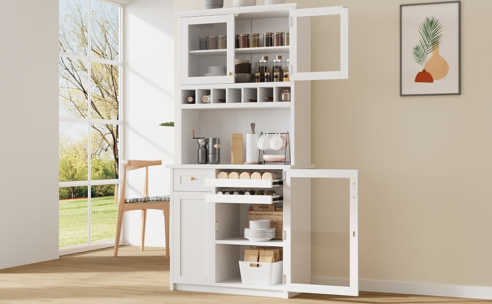 Farmhouse Freestanding Buffet with Hutch, Tall Kitchen Pantry Storage Cabinet with Wine Rack, Adjustable Shelves and Glass Doors for Dining Room, White