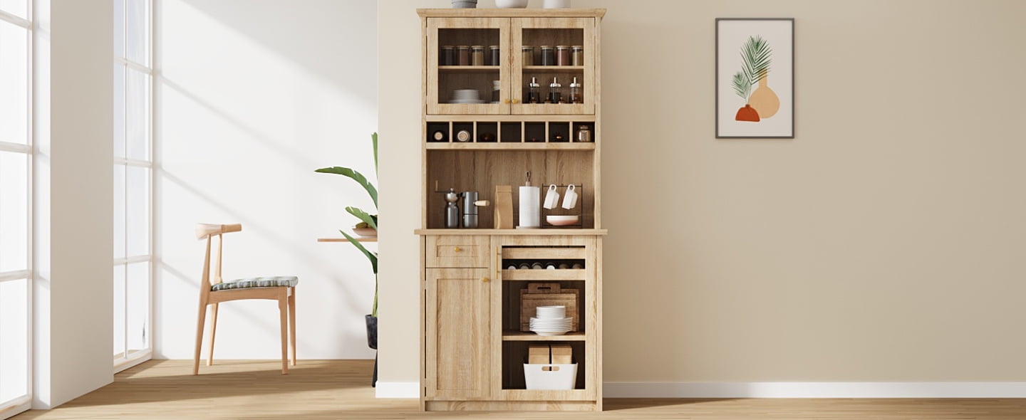 Farmhouse Freestanding Buffet with Hutch, Tall Kitchen Pantry Storage Cabinet with Wine Rack, Adjustable Shelves and Tempered Glass Doors for Dining Room