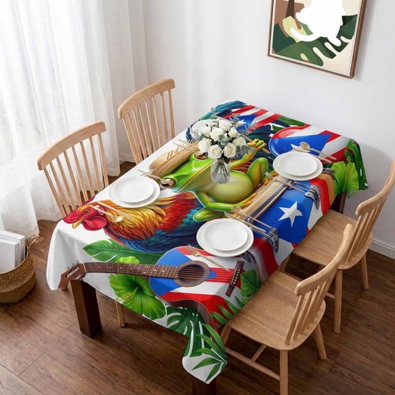 Farmhouse Frog Rooster Table Cloth Waterproof Tablecloths, Puerto Rico Flag Tropical Tablecloth Dining Table Cover for Kitchen Party Tabletop Outdoor, Rectangle Tablecloth 52x70 Inch