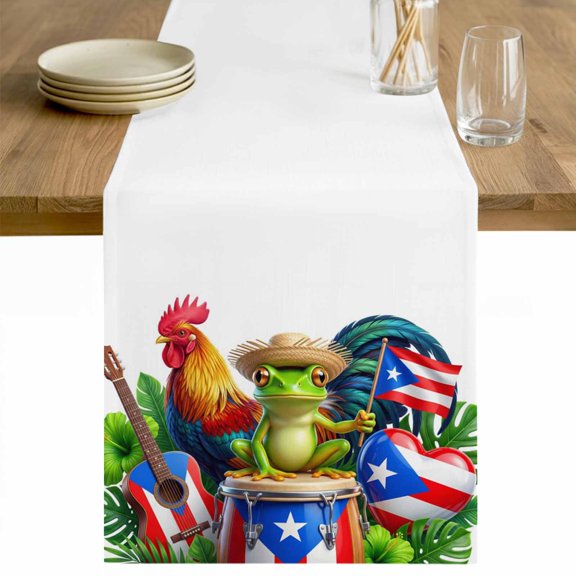 Farmhouse Frog Rooster Table Runner - 36 Inch Long Puerto Rico Flag Tropical Cotton and Linen Blended Dress Scarves Farmhouse Table Runner for Kitchen Dining, Coffee Table, 13" x 36"