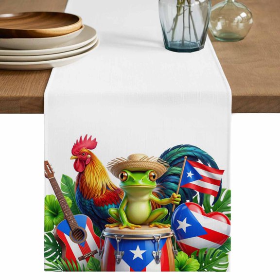 Farmhouse Frog Rooster Table Runner 36 Inches, Puerto Rico Flag Tropical Bed Runner Dresser Scarves Tabletop for Indoor Outdoor Parties/Ceremony/Banquet, 13"x 36"