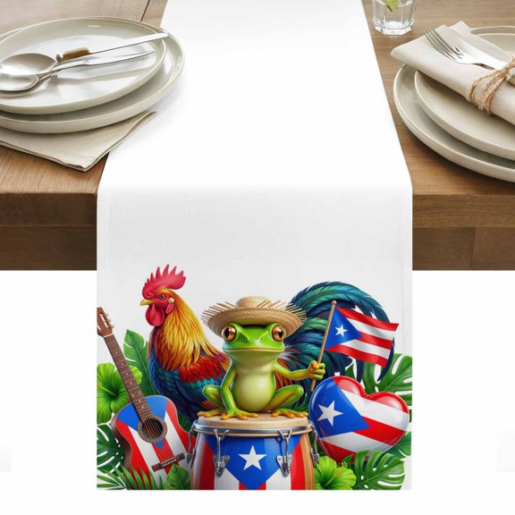 Farmhouse Frog Rooster Table Runner Puerto Rico Flag Tropical Tablerunners 13 x 36 Inch, Table Decorations Tabletop Scarf for Summer Gathering Holiday Farmhouse Kitchen Dining Decor