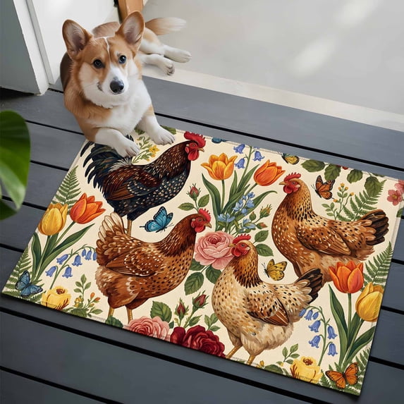 Farmhouse Front Door Rugs 2x3 ft Watercolor Hen Chicken Spring Flowers Farm Butterfly Small Rug for Entryway Non Slip Washable Bathroom Door Mat Absorbent Floor Mat for Indoor Entrance