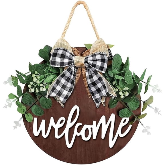 Farmhouse Front Door Signs Round Welcome Sign for Front Door Rustic Welcome Wreaths with Artificial Leaves Wooden Decorations Hanging