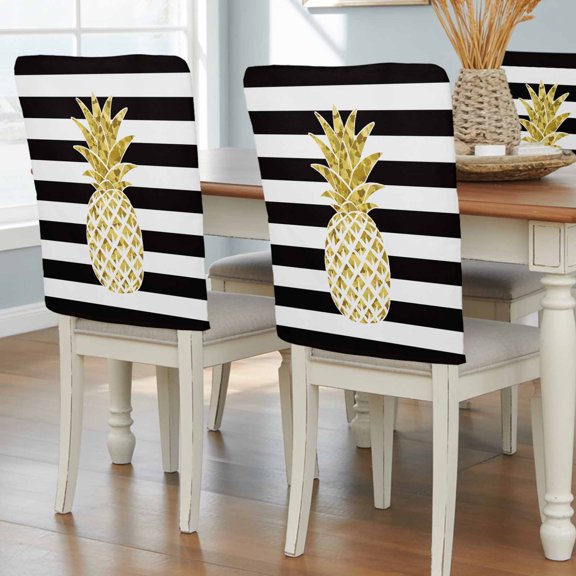 Farmhouse Fruit Golden Pineapple Chair Covers Set of 4 Black White Striped Chair Back Covers Stretch Removable Washable Slipcovers Protector for Dining Room Kitchen Party Decor