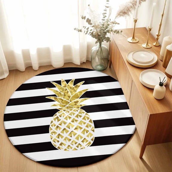 Farmhouse Fruit Golden Pineapple Round Area Rug 3ft,Living Room Rug Non-Slip Washable Circle Rugs Pad,Black White Striped Soft Floor Carpet for Bedroom Dining Room
