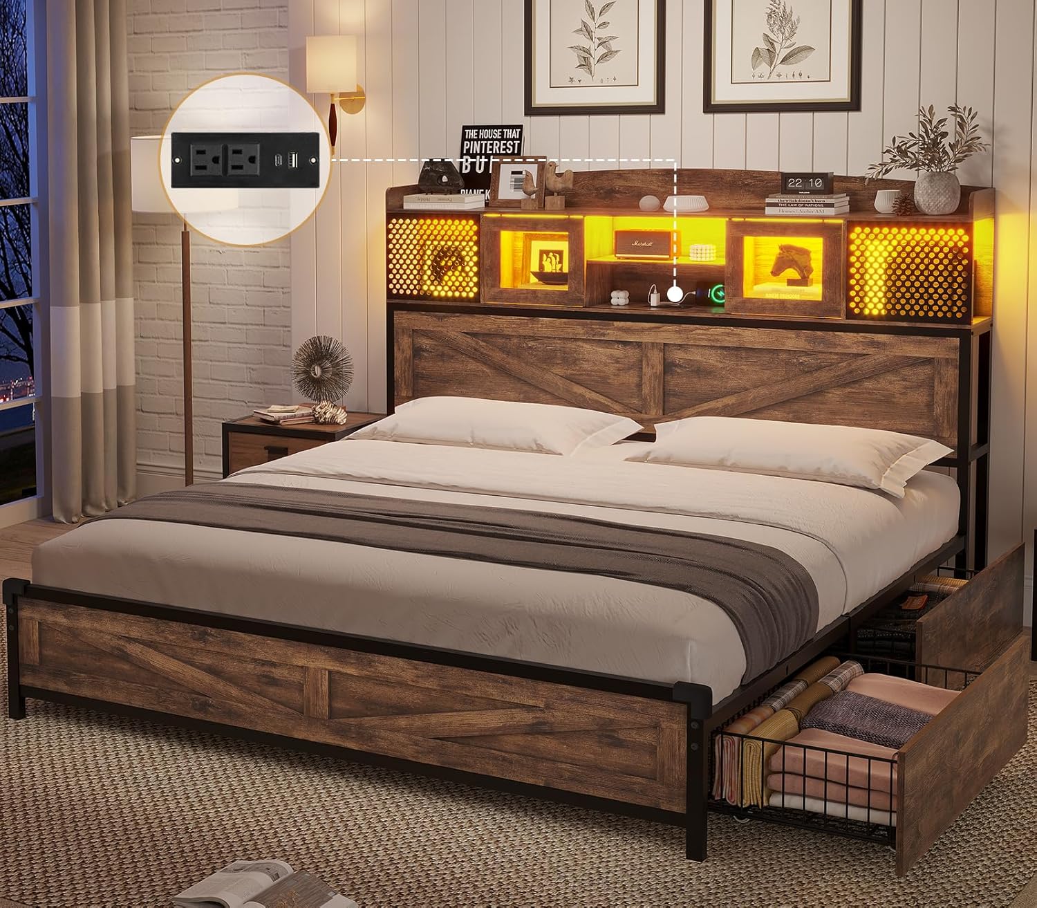 Farmhouse Full Bed Frame with Storage Drawers & LED Lights & Charging