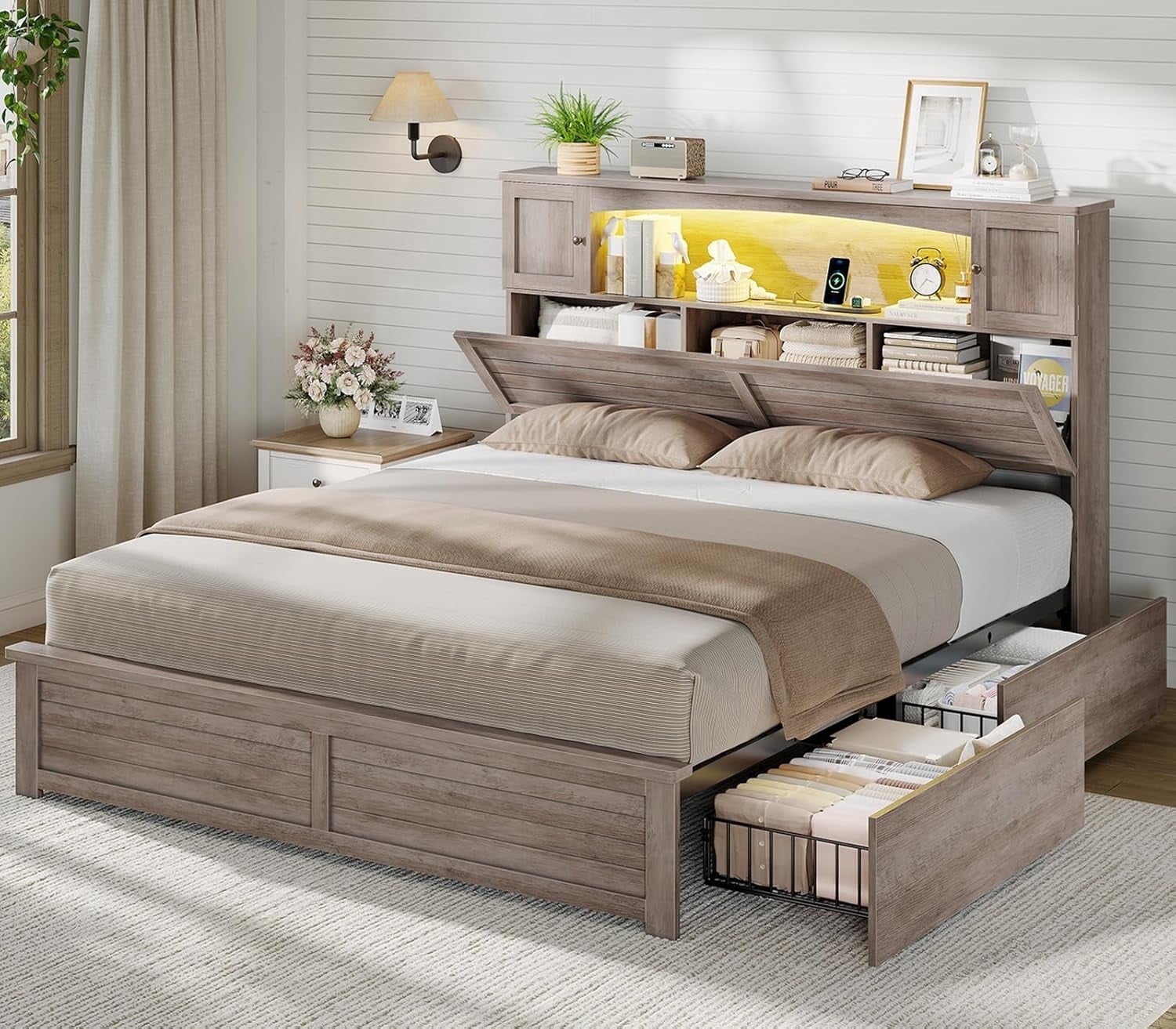 Farmhouse Full Size Bed Frame with Bookcase Headboard, Wood Platform ...