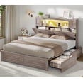thumbnail image 1 of Farmhouse Full Size Bed Frame with Bookcase Headboard, Wood Platform Bed with LED Lights & 4 Drawers, No Box Spring Needed, Grey, 1 of 6