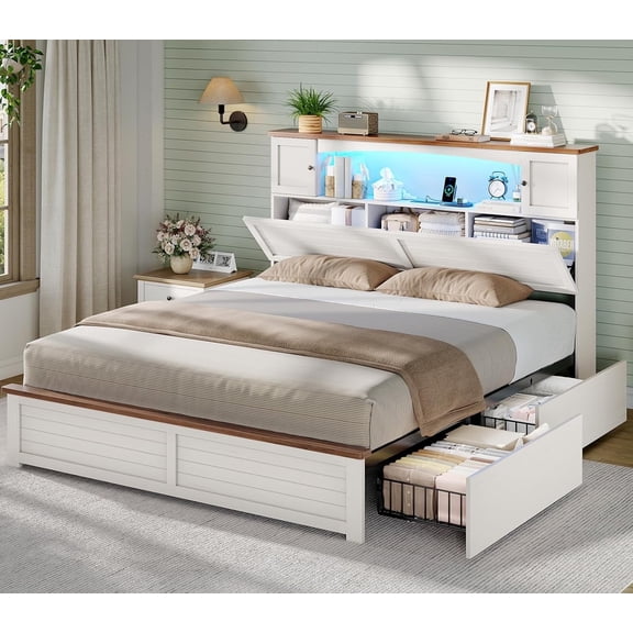 Farmhouse Full Size Bed Frame with Bookcase Headboard, Wood Platform Bed with LED Lights & 4 Drawers, No Box Spring Needed, White
