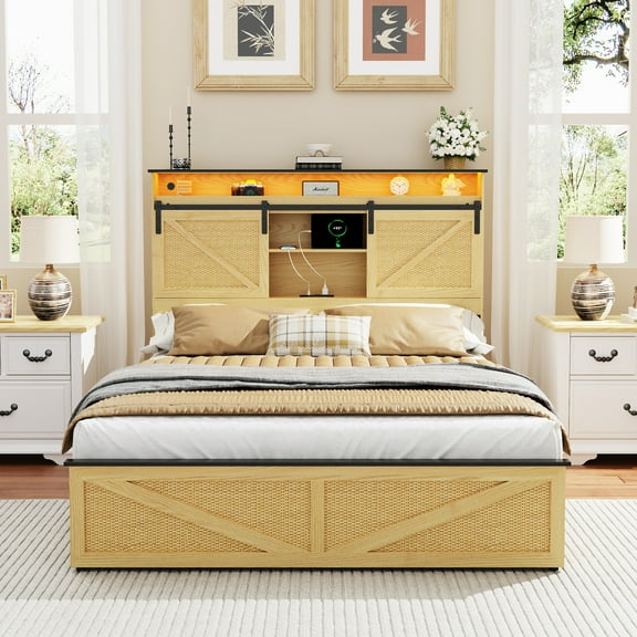 Farmhouse Full Size Bed Frame with Storage Headboard, Charging Station & LED Lights