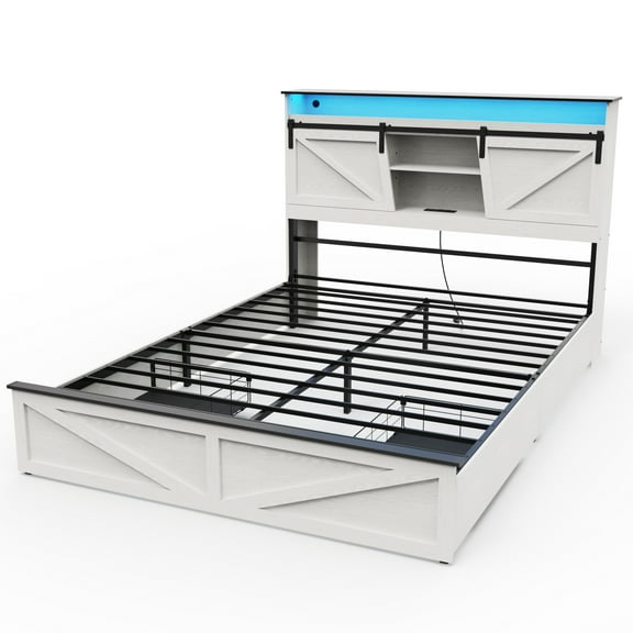 Farmhouse Full Size Bed Frame with Storage Headboard and Drawers,Charging Station & LED Lights,White