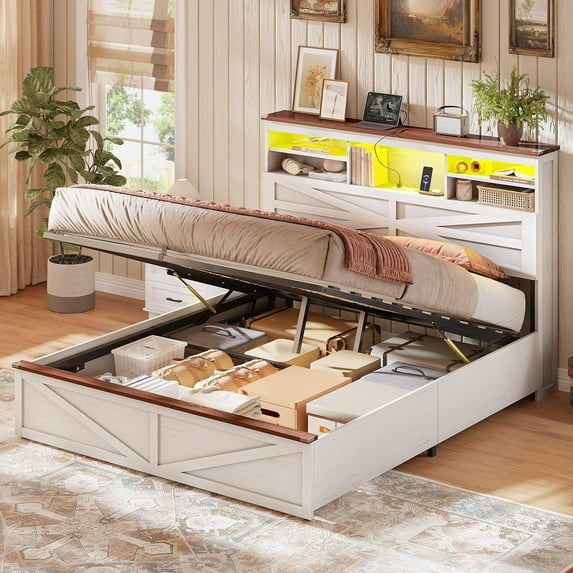 Farmhouse Full Size Wood Bed Frame with Lift Up Storage, Hidden ...