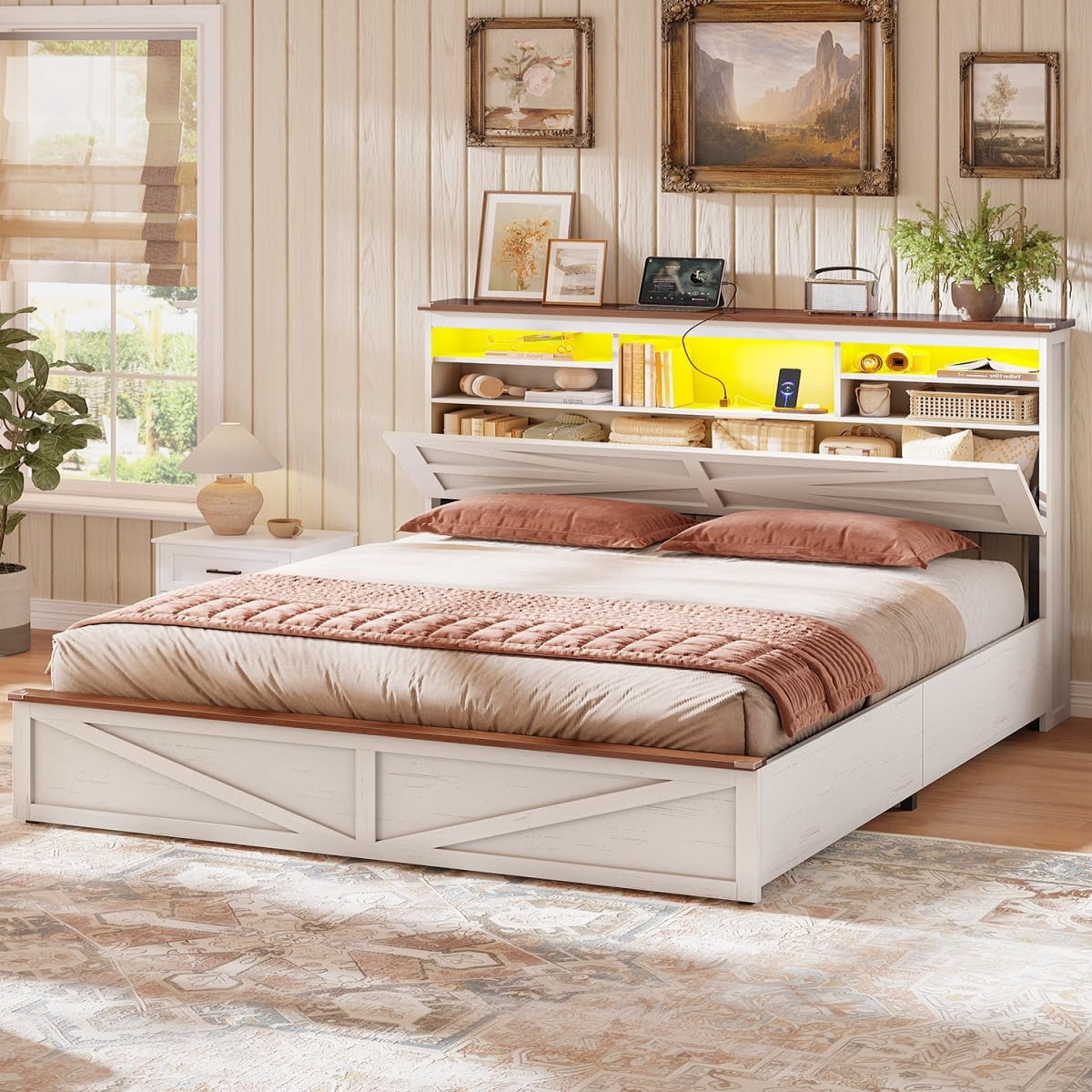 Farmhouse Full Size Wood Bed Frame with Lift Up Storage, Hidden ...