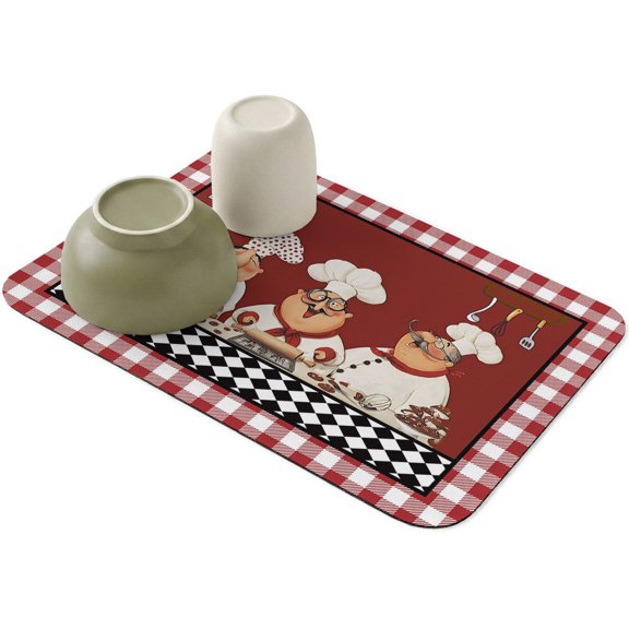 Farmhouse Funny Chefs Dish Drying Mat,Absorbent Diatomaceous Earth Mats Vintage Red Buffalo Check Coffee Mat Dishes Drainer Pad for Kitchen Counter Rack Sink Utensils,12x16in
