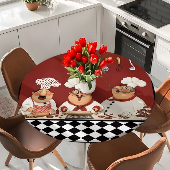 Farmhouse Funny Chefs Round Fitted Tablecloth with Elastic Edge,Waterproof Table Cloth Fits 36"-44"Tables,Wipeable Washable Table Cover for Indoor Outdoor Dinning Party,Vintage Red Buffalo Check