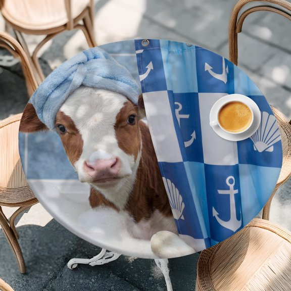 Farmhouse Funny Cow Round Fitted Tablecloth with Elastic Edge,Waterproof Table Cloth Fits Tables 55"-60",Wipeable Washable Table Cover for Indoor Outdoor Dinning Party,Blue Check Ocean Shell Anchor