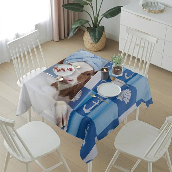 Farmhouse Funny Cow Table Cloth 60x60in, Waterproof Square Tablecloth Wipeable Tablecloths Blue Check Ocean Shell Anchor Table Covers for Dining Tables Party Indoor Outdoor