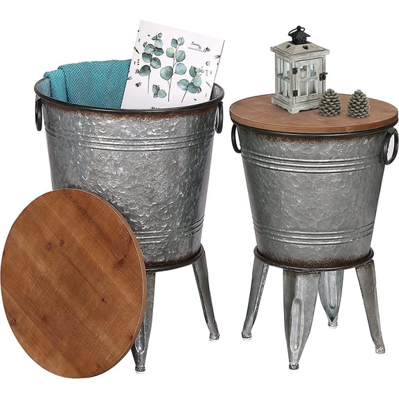 Farmhouse Galvanized Metal Side Tables Set of 2, Rustic End Table w/Storage for Living Room, Independent Cocktail Tables for Small Spaces