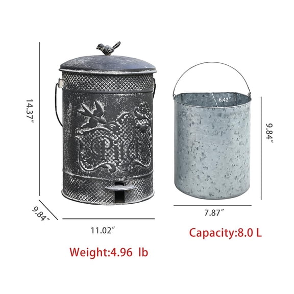 Farmhouse Garbage Can with Lid - 8 Liter Capacity Metal with Embossed Bird and Flowers Pattern for Indoor and Outdoor Use (Black)
