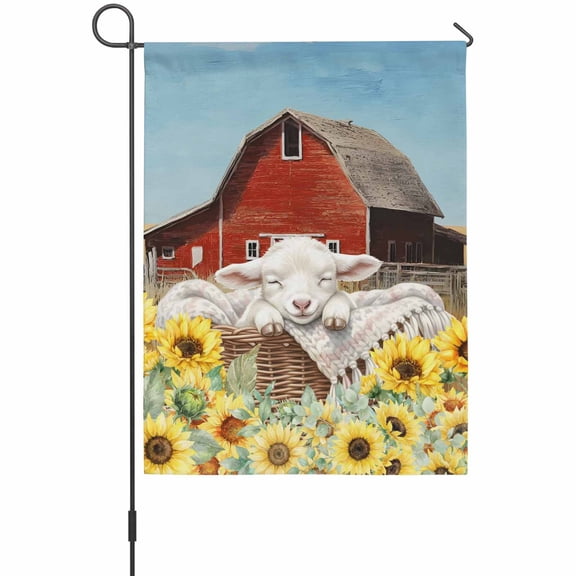 Farmhouse Garden Flag 12 x 18 Inches, Farm Animals Cute Sheep Sunflower Red Barn Weather Proof Outdoor Patio Flags Double Sided Small Garden Decoration for Yard Outside Home
