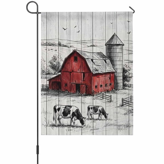 Farmhouse Garden Flag 12 x 18 Inches, Pastoral Landscape Watercolor Barn Farm Dairy Cow Wood Grain Weather Proof Outdoor Patio Flags Double Sided Small Garden Decoration for Yard Outside Home