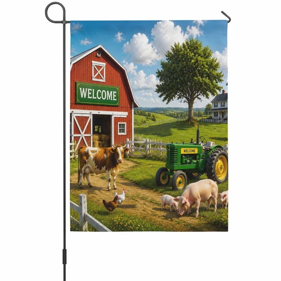 Farmhouse Garden Flag 12 x 18 Inches, Rustic Red Barn Animal Tractor Cow Rural Fence Weather Proof Outdoor Patio Flags Double Sided Small Garden Decoration for Yard Outside Home